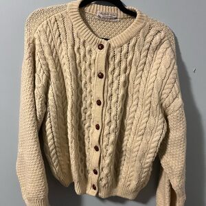 Cream Cable Knit Pure Wool Cardigan with Brown Buttons